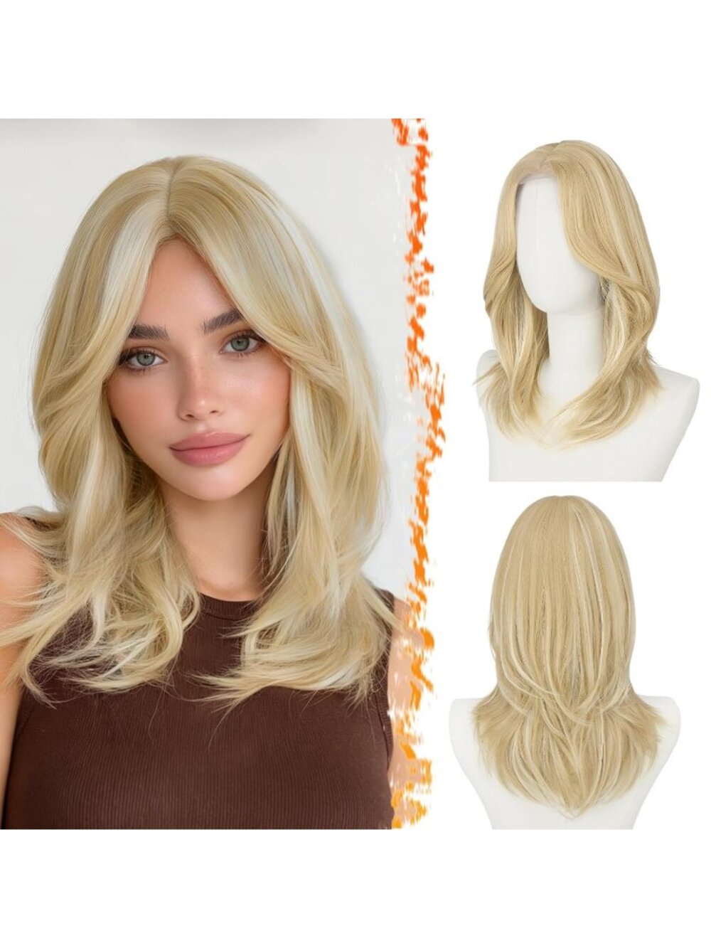16 Inch Women's Blonde Highlight Butterfly Layered Straight Curtain Bangs Wigs